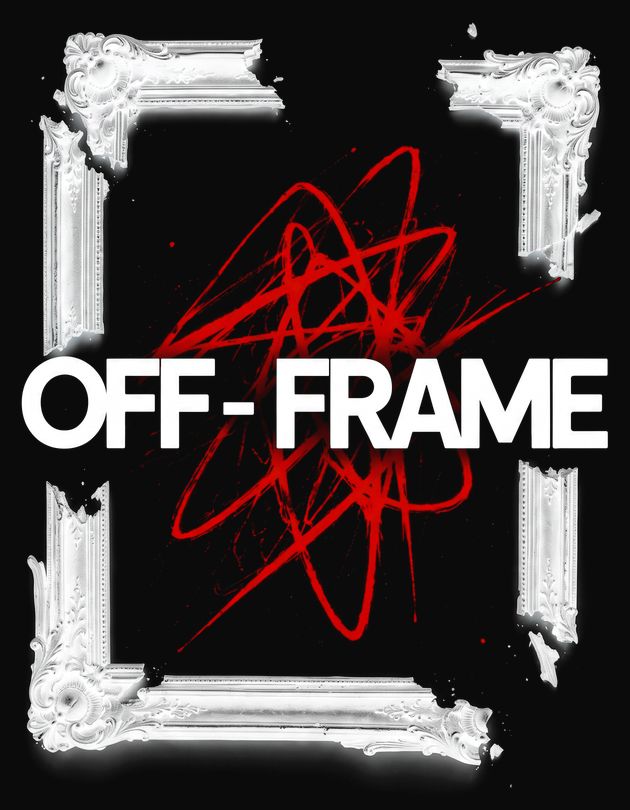 OFF-FRAME logosu, kırık barok çerçeveler ve kırmızı karalama